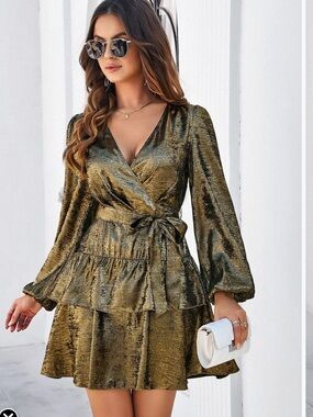 Luna Tuccini Metallic Olive Green Wrap Mini Dress